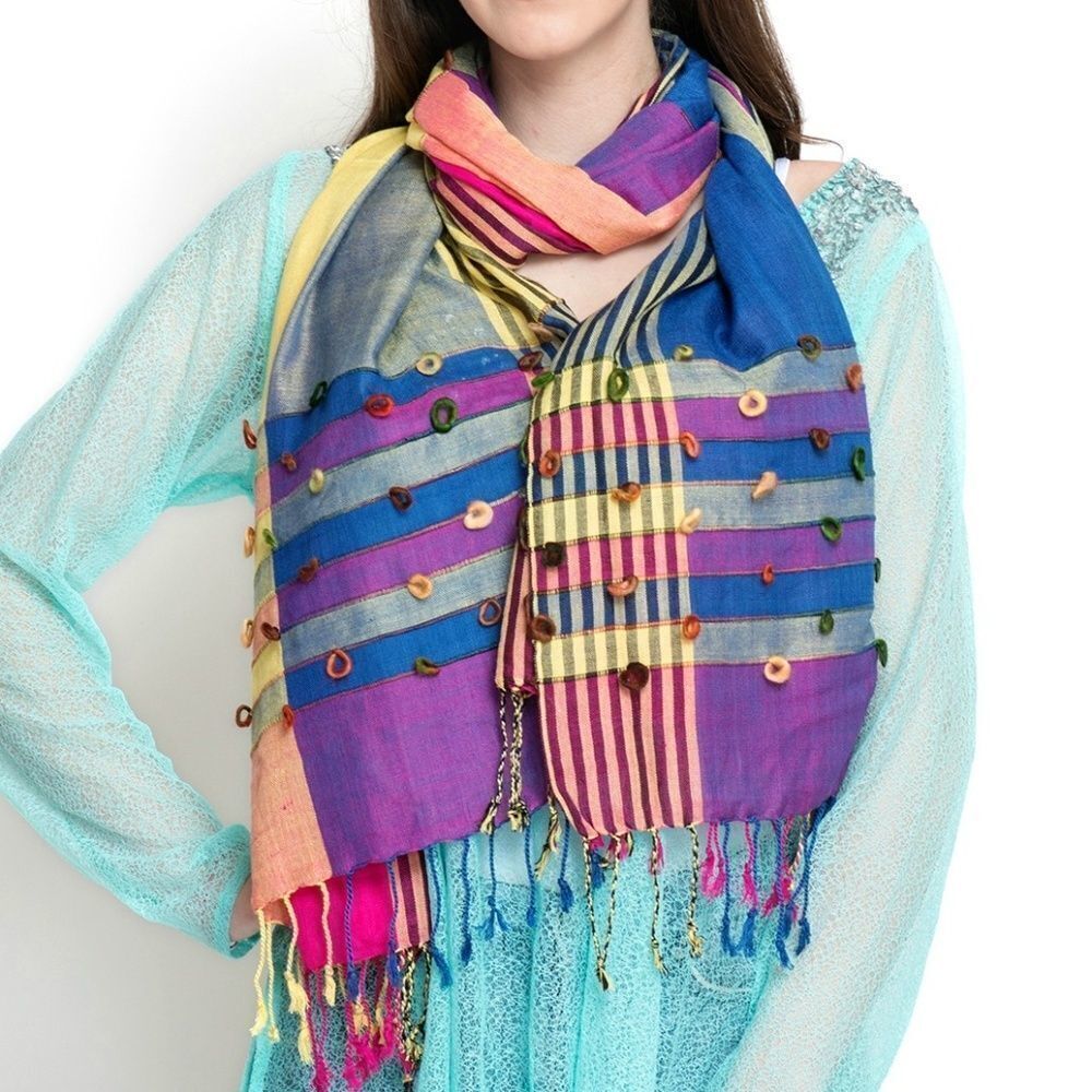 J FRANCIS Scarf Yellow and Blue Pashmina Fringe